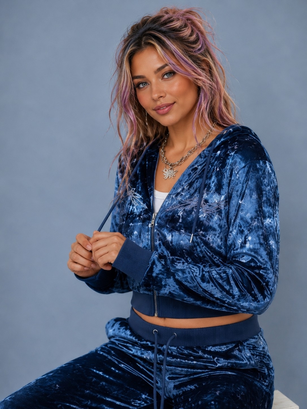 Dolls Kill x Horoscopez Love For Libra Blue Velour Zip Hoodie M NWT